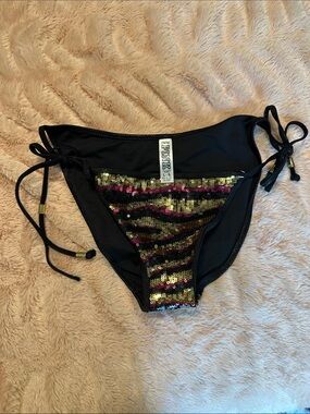 PINK Victoria's Secret Black Tie-Side Bikini Bottom with Gold and Pink Sequins